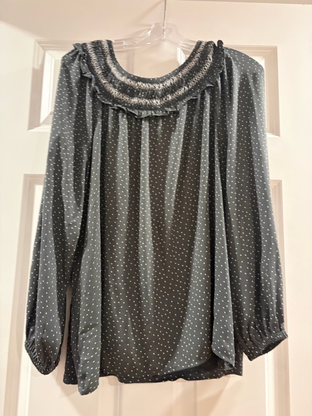 LOFT Black and White Polka Dot Smocked-Neck Blouse